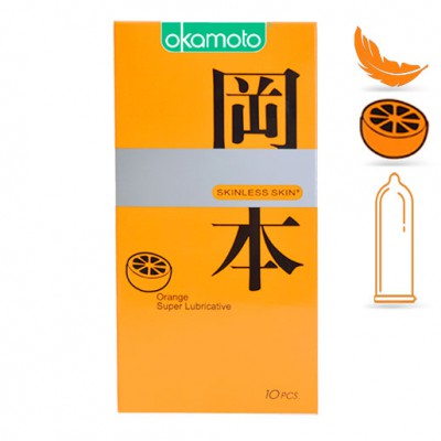 Bao Cao Su Okamoto Skinless Skin Orange Lubricated size 53mm  siêu mỏng có hương Cam Hộp 10 cái